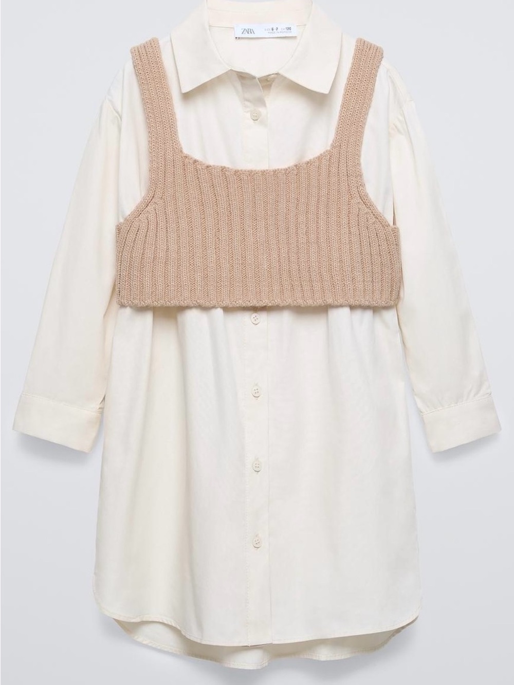 Zara Girls’ Cream Shirt Dress with Beige Knit Crop Top Size 13-14Y
